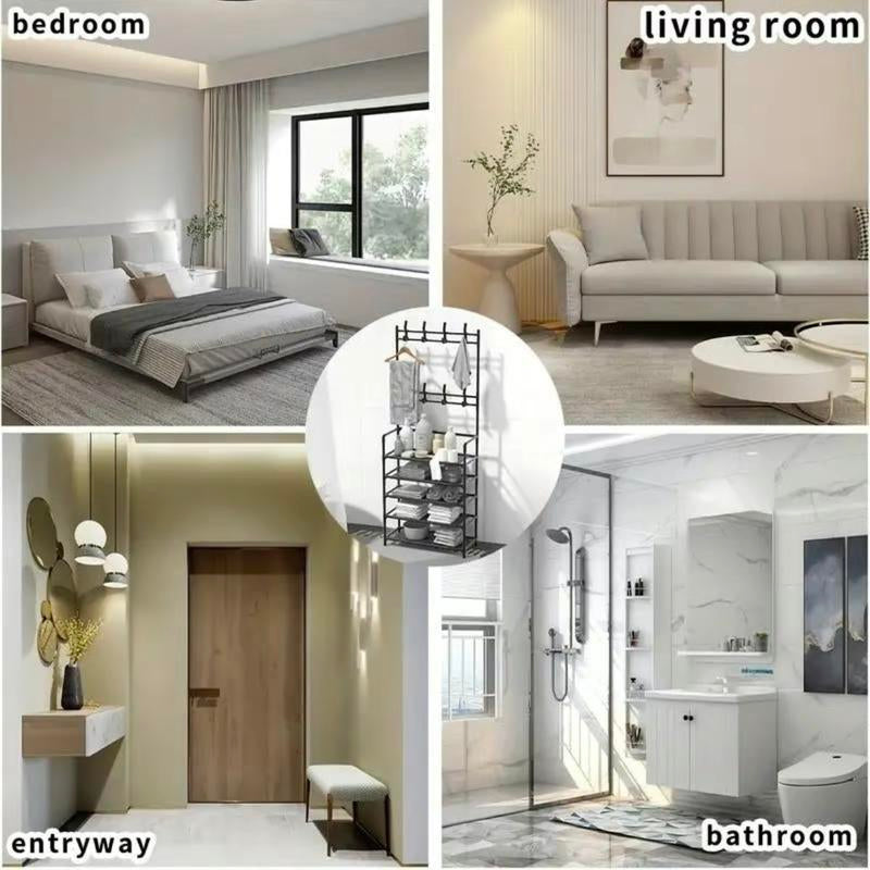 Coat & Shoe & Hat Standing Rack, Summer Stable Large Capacity Entryway Rack with 5-Tier Storage Shelves, Freestanding Rack for Bedroom, Hallway, Dormitory Coat Shoe Versatile Shoe Large Capacity Coat Shoe Hat Rack Organiser