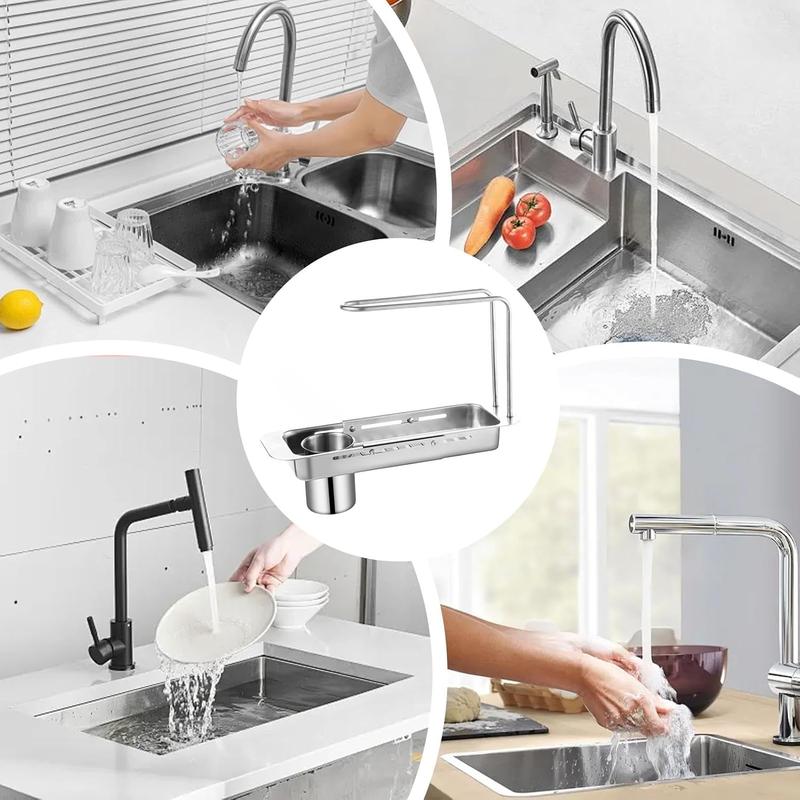 Stainless Steel Pull-Out Drainage Rack, Adjustable with Wipe Bar, Kitchen Waste Residue Organizer, Sponge Organizer, Sink Organizer