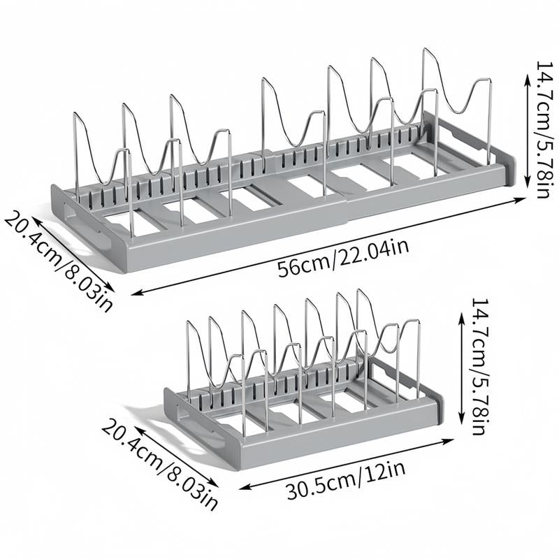 Adjustable Lid & Pan Organizer-Kitchen Drawer Storage Shelf Rack 7 Adjustable Dividers Sliding Lid Holder and Pan Rack in Kitchen, Slide Out inside Cabinet Storage for Pot Lid, Bakeware