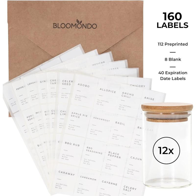 Bloomondo Empty Spice Jars with Label Pack (12X Bamboo Lid Glass Jar). Small 6Oz Spice Storage Bottles with 112 Printed Stickers and 48 Writable Pantry Labels for Seasoning Containers