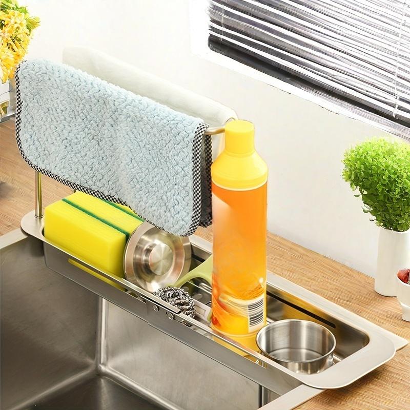 Stainless Steel Pull-Out Drainage Rack, Adjustable with Wipe Bar, Kitchen Waste Residue Organizer, Sponge Organizer, Sink Organizer