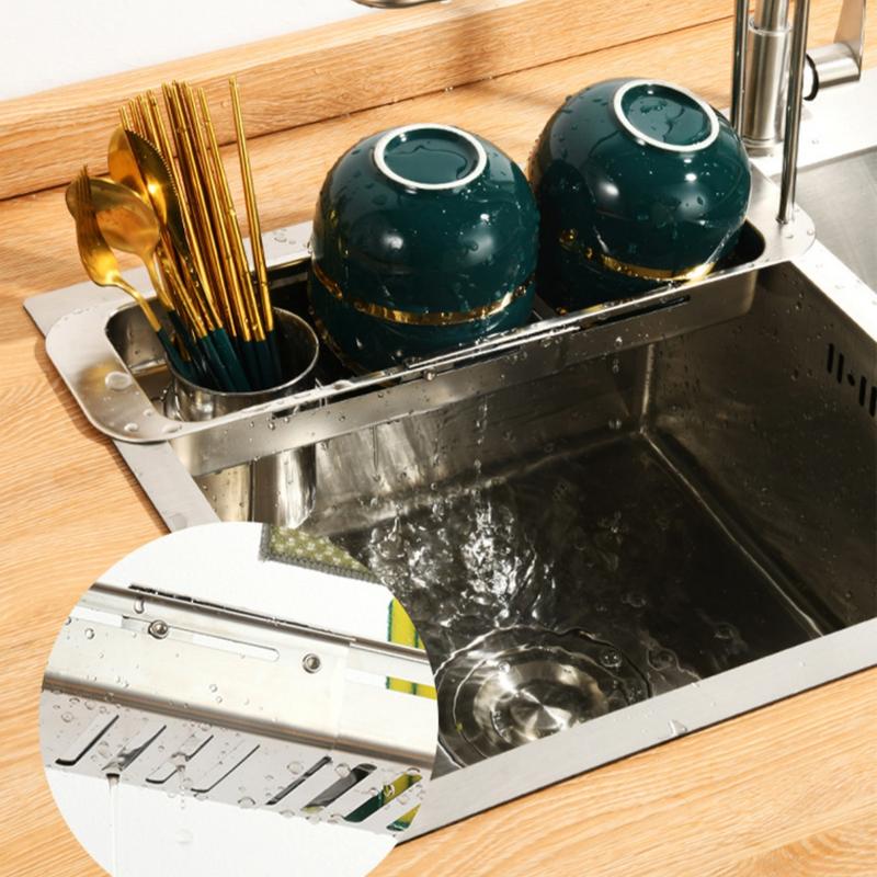 Stainless Steel Pull-Out Drainage Rack, Adjustable with Wipe Bar, Kitchen Waste Residue Organizer, Sponge Organizer, Sink Organizer