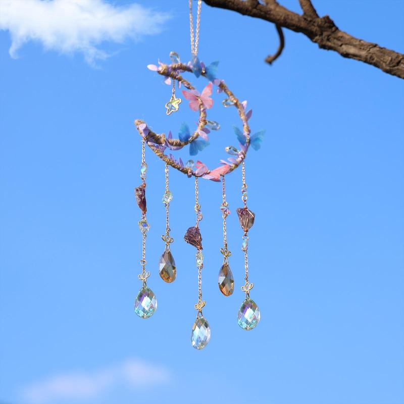 Hangable Room Decor Moon & Butterfly & Flower Design Dream Catcher, Artificial Crystal Hanging Decor, Home Deocr Sun Catcher for Garden Window Living Room Bedroom, Bedroom Decor, Serene Atmosphere Gifts for Girlfriend