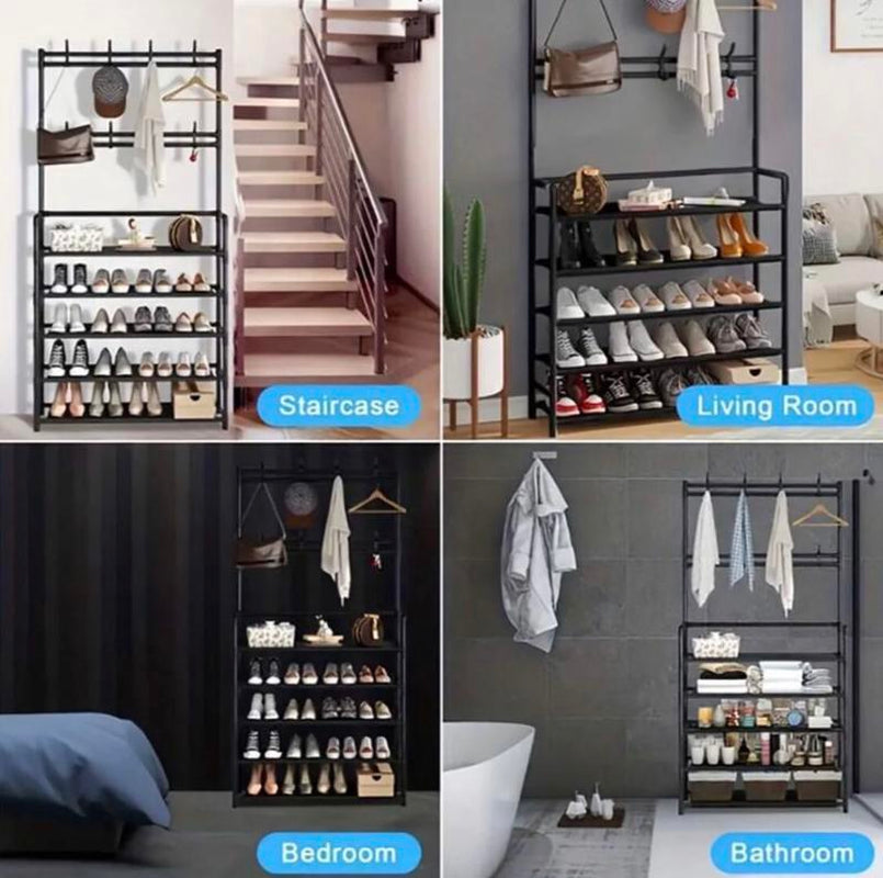 Coat & Shoe & Hat Standing Rack, Summer Stable Large Capacity Entryway Rack with 5-Tier Storage Shelves, Freestanding Rack for Bedroom, Hallway, Dormitory Coat Shoe Versatile Shoe Large Capacity Coat Shoe Hat Rack Organiser