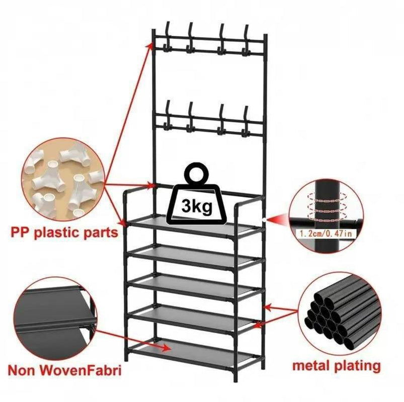 Coat & Shoe & Hat Standing Rack, Summer Stable Large Capacity Entryway Rack with 5-Tier Storage Shelves, Freestanding Rack for Bedroom, Hallway, Dormitory Coat Shoe Versatile Shoe Large Capacity Coat Shoe Hat Rack Organiser