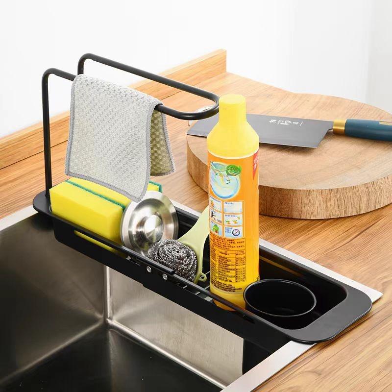 Stainless Steel Pull-Out Drainage Rack, Adjustable with Wipe Bar, Kitchen Waste Residue Organizer, Sponge Organizer, Sink Organizer