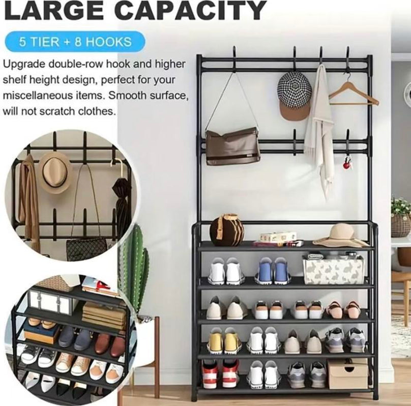 Coat & Shoe & Hat Standing Rack, Summer Stable Large Capacity Entryway Rack with 5-Tier Storage Shelves, Freestanding Rack for Bedroom, Hallway, Dormitory Coat Shoe Versatile Shoe Large Capacity Coat Shoe Hat Rack Organiser