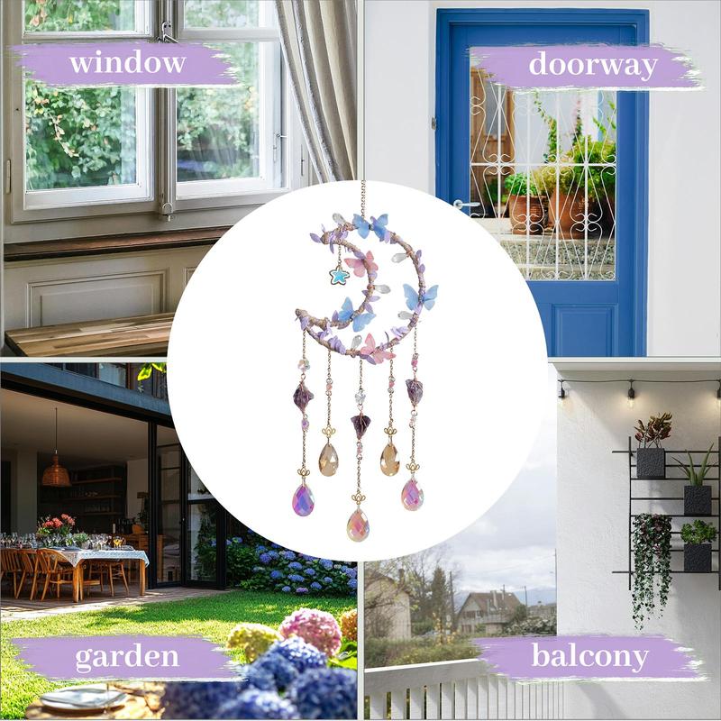 Hangable Room Decor Moon & Butterfly & Flower Design Dream Catcher, Artificial Crystal Hanging Decor, Home Deocr Sun Catcher for Garden Window Living Room Bedroom, Bedroom Decor, Serene Atmosphere Gifts for Girlfriend