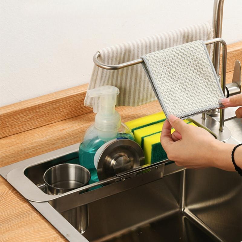 Stainless Steel Pull-Out Drainage Rack, Adjustable with Wipe Bar, Kitchen Waste Residue Organizer, Sponge Organizer, Sink Organizer