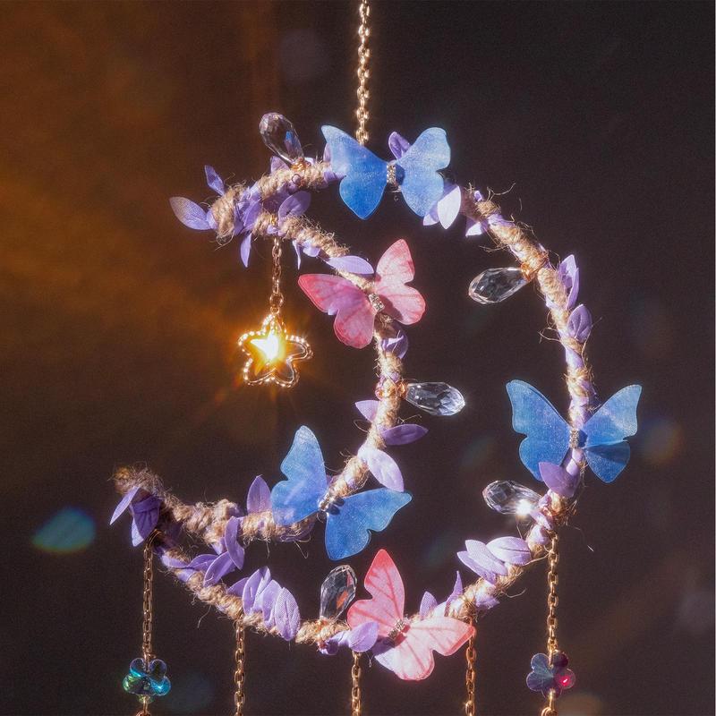 Hangable Room Decor Moon & Butterfly & Flower Design Dream Catcher, Artificial Crystal Hanging Decor, Home Deocr Sun Catcher for Garden Window Living Room Bedroom, Bedroom Decor, Serene Atmosphere Gifts for Girlfriend