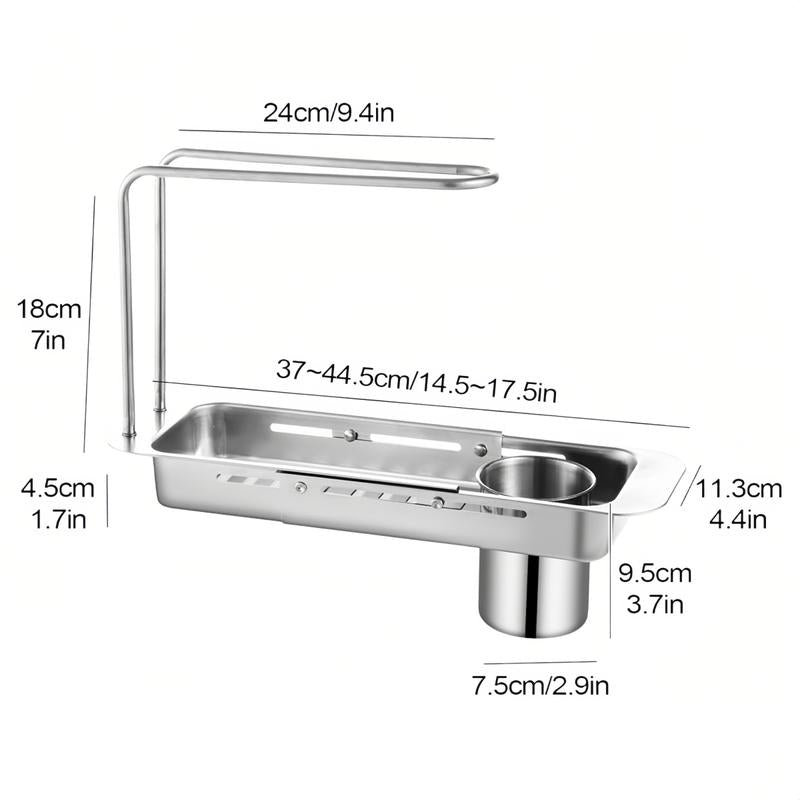 Stainless Steel Pull-Out Drainage Rack, Adjustable with Wipe Bar, Kitchen Waste Residue Organizer, Sponge Organizer, Sink Organizer