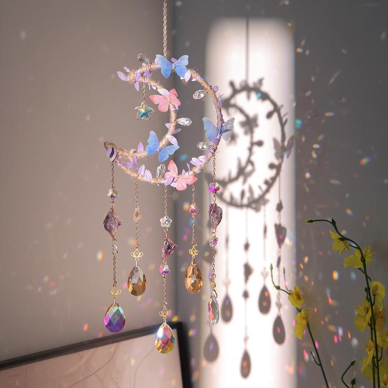 Hangable Room Decor Moon & Butterfly & Flower Design Dream Catcher, Artificial Crystal Hanging Decor, Home Deocr Sun Catcher for Garden Window Living Room Bedroom, Bedroom Decor, Serene Atmosphere Gifts for Girlfriend