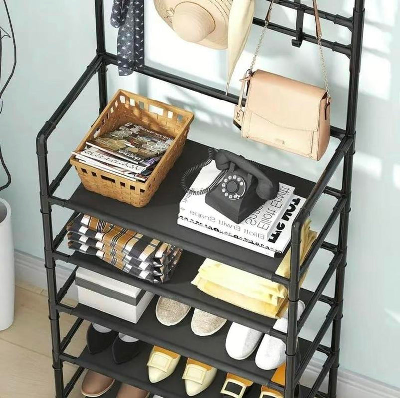 Coat & Shoe & Hat Standing Rack, Summer Stable Large Capacity Entryway Rack with 5-Tier Storage Shelves, Freestanding Rack for Bedroom, Hallway, Dormitory Coat Shoe Versatile Shoe Large Capacity Coat Shoe Hat Rack Organiser