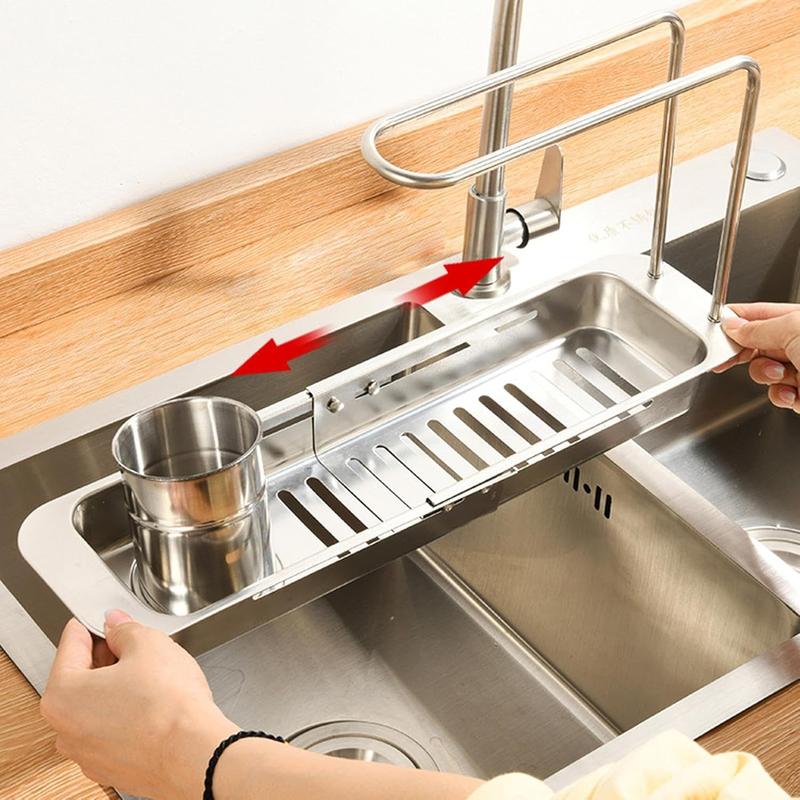 Stainless Steel Pull-Out Drainage Rack, Adjustable with Wipe Bar, Kitchen Waste Residue Organizer, Sponge Organizer, Sink Organizer