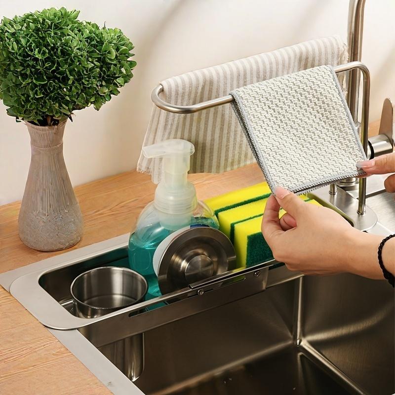 Stainless Steel Pull-Out Drainage Rack, Adjustable with Wipe Bar, Kitchen Waste Residue Organizer, Sponge Organizer, Sink Organizer