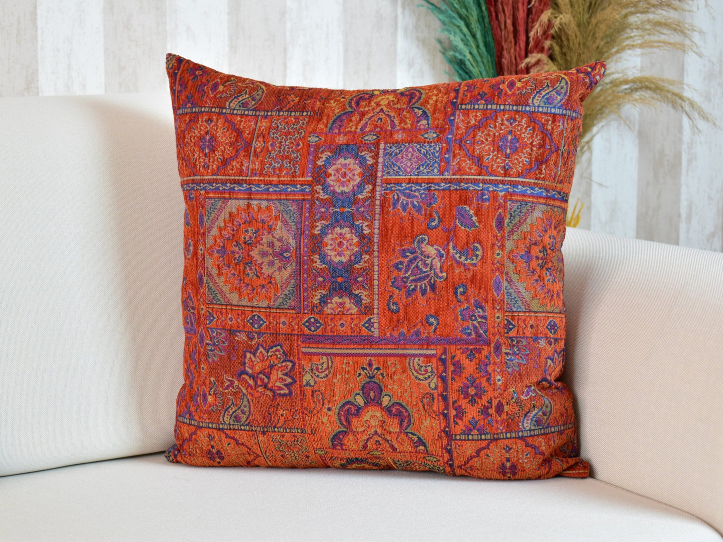 Boho Kilim Pillow Cover, Turkish Rug Throw Pillow, Bohemian Cushion Cover, Moroccan Ethnic Pillow, Cozy Chenille Pillow Cover,Any Size Color