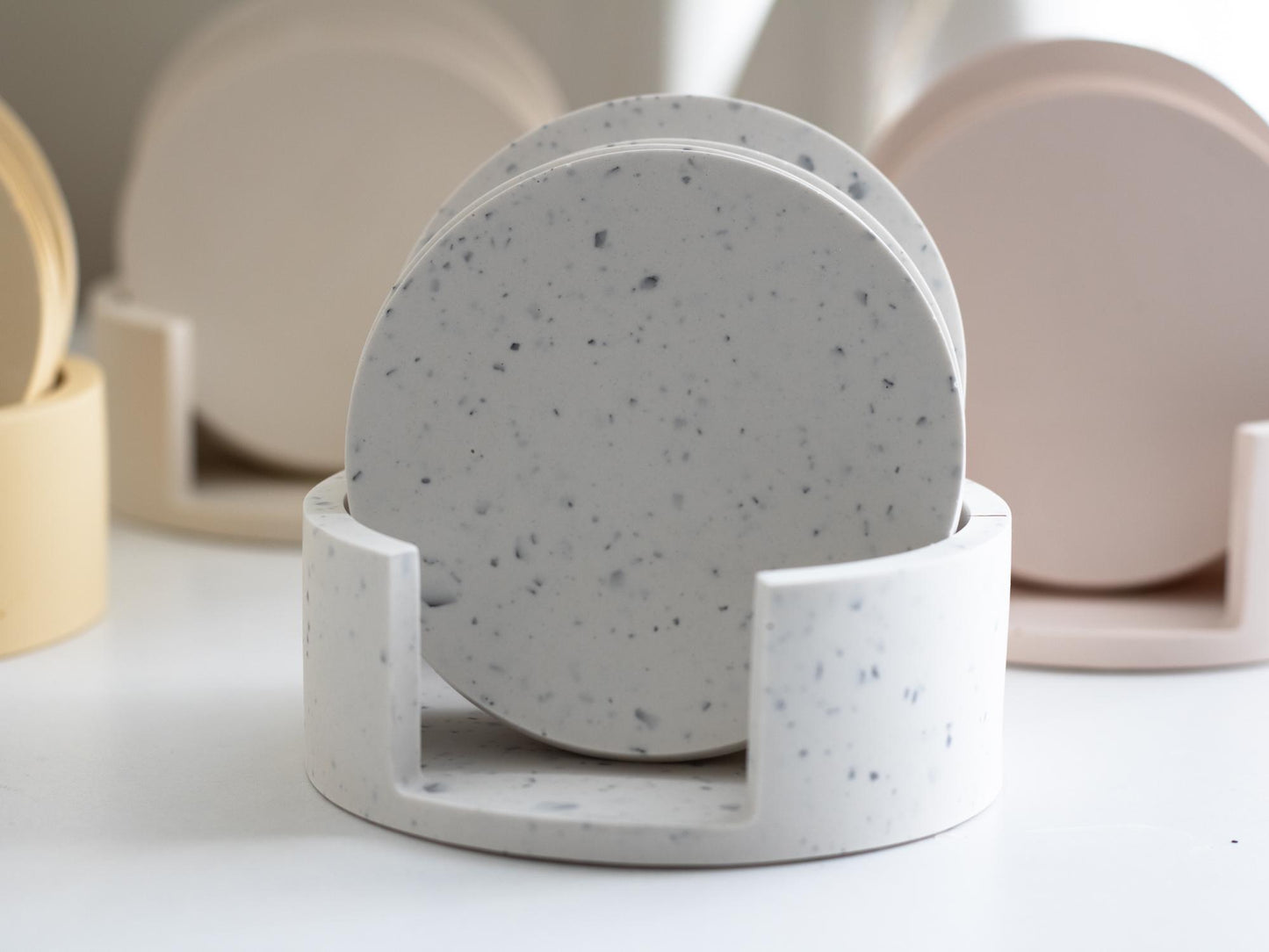 Holder and Coasters Set of 4 | Circle Stone Coaster Set | Neutral Homeware | Jesmonite | New Home Decor and Gift