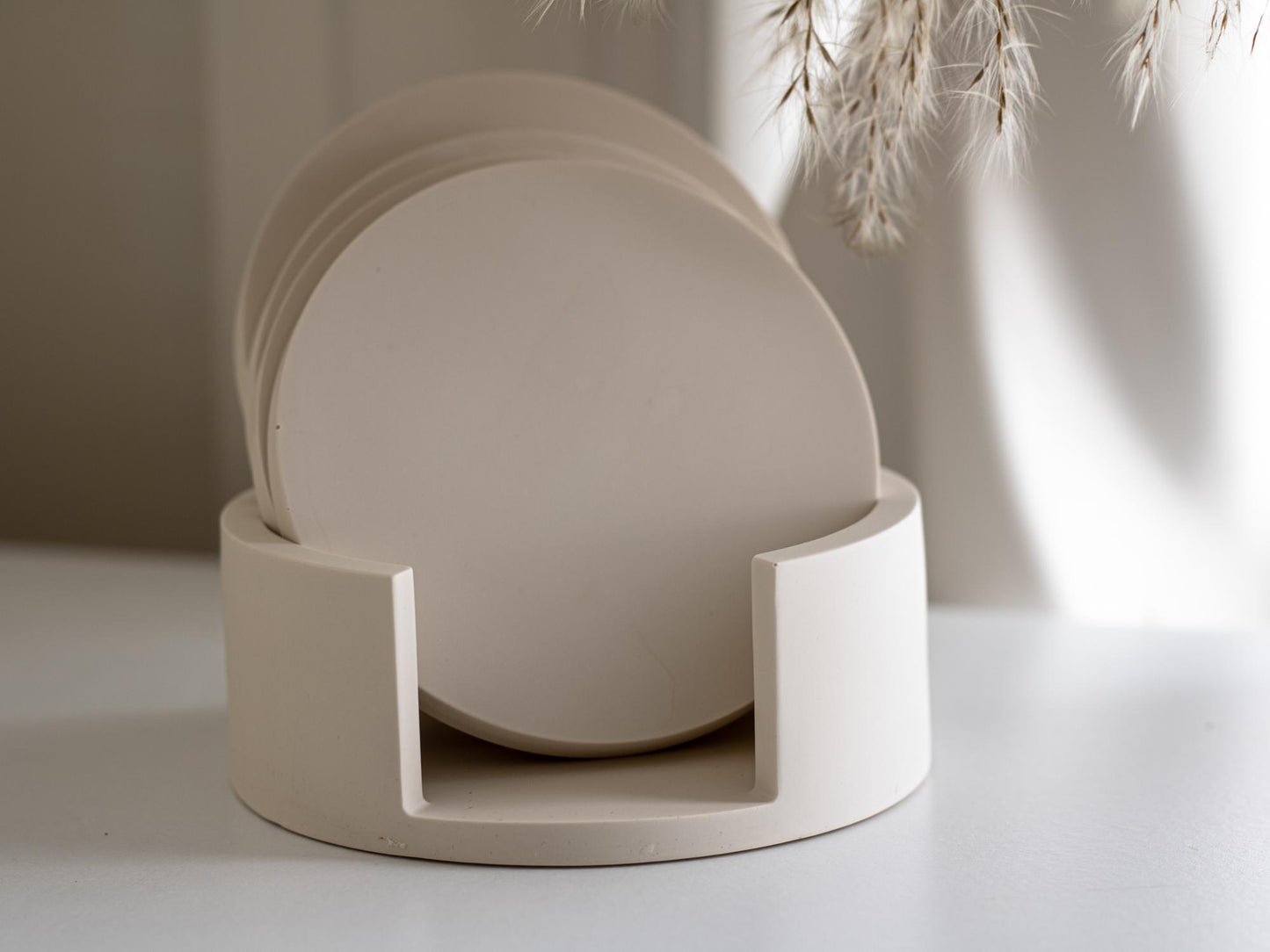 Holder and Coasters Set of 4 | Circle Stone Coaster Set | Neutral Homeware | Jesmonite | New Home Decor and Gift