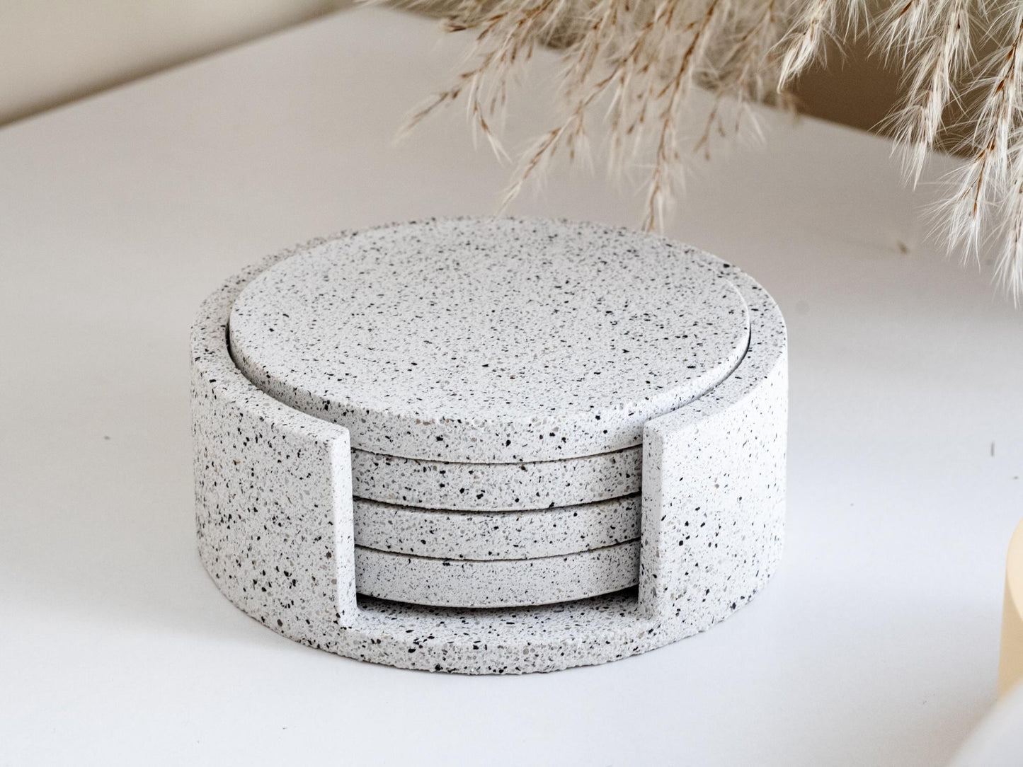 Holder and Coasters Set of 4 | Circle Stone Coaster Set | Neutral Homeware | Jesmonite | New Home Decor and Gift