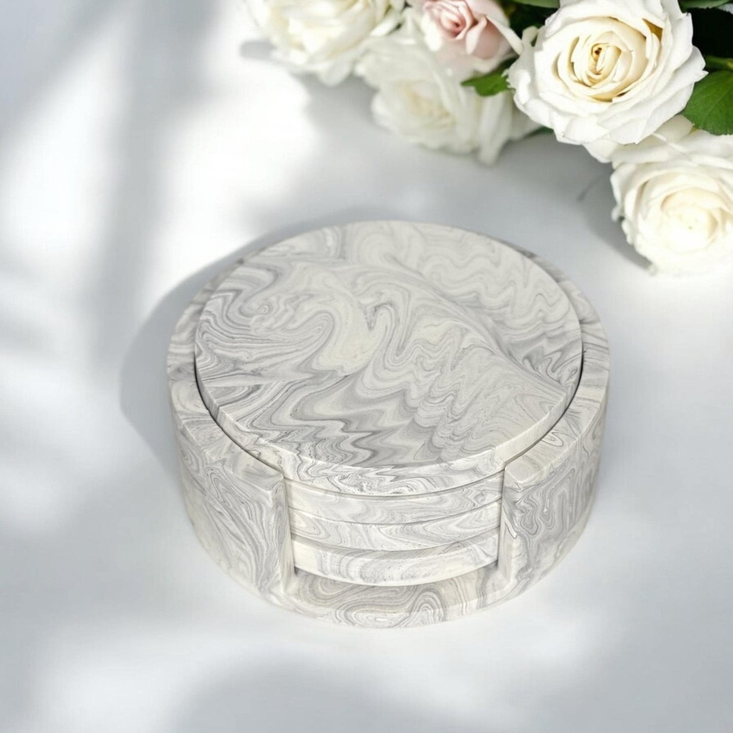 Holder and Coasters Set of 4 | Circle Stone Coaster Set | Neutral Homeware | Jesmonite | New Home Decor and Gift