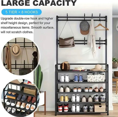 Coat & Shoe & Hat Standing Rack, Summer Stable Large Capacity Entryway Rack with 5-Tier Storage Shelves, Freestanding Rack for Bedroom, Hallway, Dormitory Coat Shoe Versatile Shoe Large Capacity Coat Shoe Hat Rack Organiser