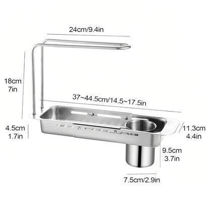 Stainless Steel Pull-Out Drainage Rack, Adjustable with Wipe Bar, Kitchen Waste Residue Organizer, Sponge Organizer, Sink Organizer