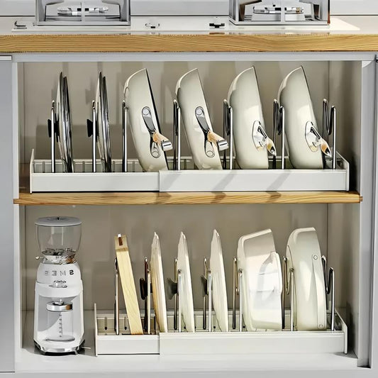 Adjustable Lid & Pan Organizer-Kitchen Drawer Storage Shelf Rack 7 Adjustable Dividers Sliding Lid Holder and Pan Rack in Kitchen, Slide Out inside Cabinet Storage for Pot Lid, Bakeware