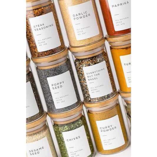 Bloomondo Empty Spice Jars with Label Pack (12X Bamboo Lid Glass Jar). Small 6Oz Spice Storage Bottles with 112 Printed Stickers and 48 Writable Pantry Labels for Seasoning Containers